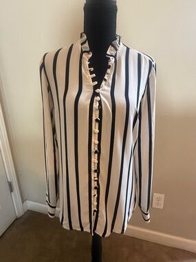 Express Black and White Vertical Stripe Ruffle Button-Front Blouse